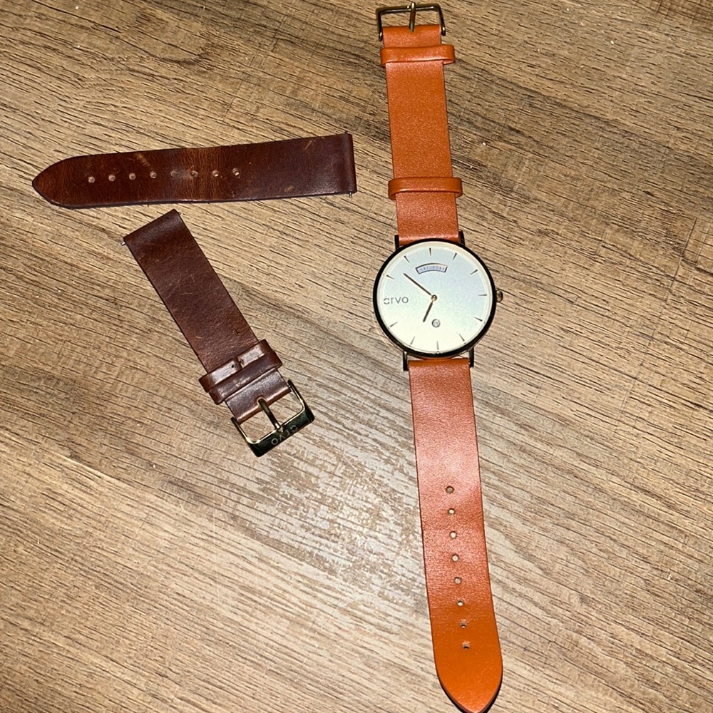 Mens Arvo Awristacrat Watch (Battery Needed) Gold-Saddle/Mahogany Leather Bands